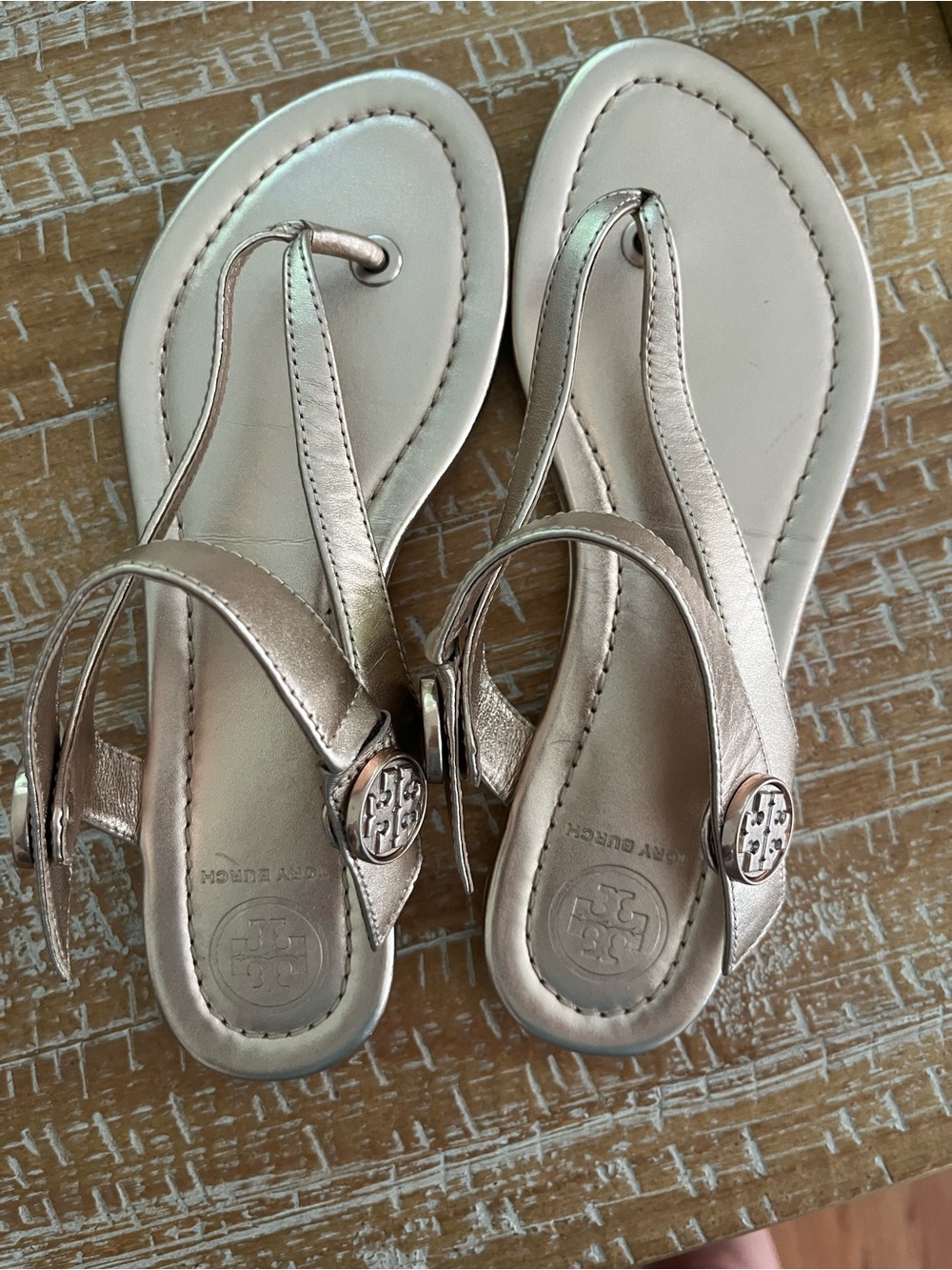 Tory Burch Metallic Rose Gold Logo Thong Sandals
